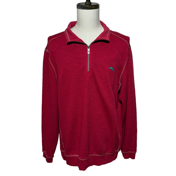 Tommy Bahama Sweater Mens XL Red Tobago Bay 1/4 Zip Pullover Pima Tencel Blend - Picture 1 of 9